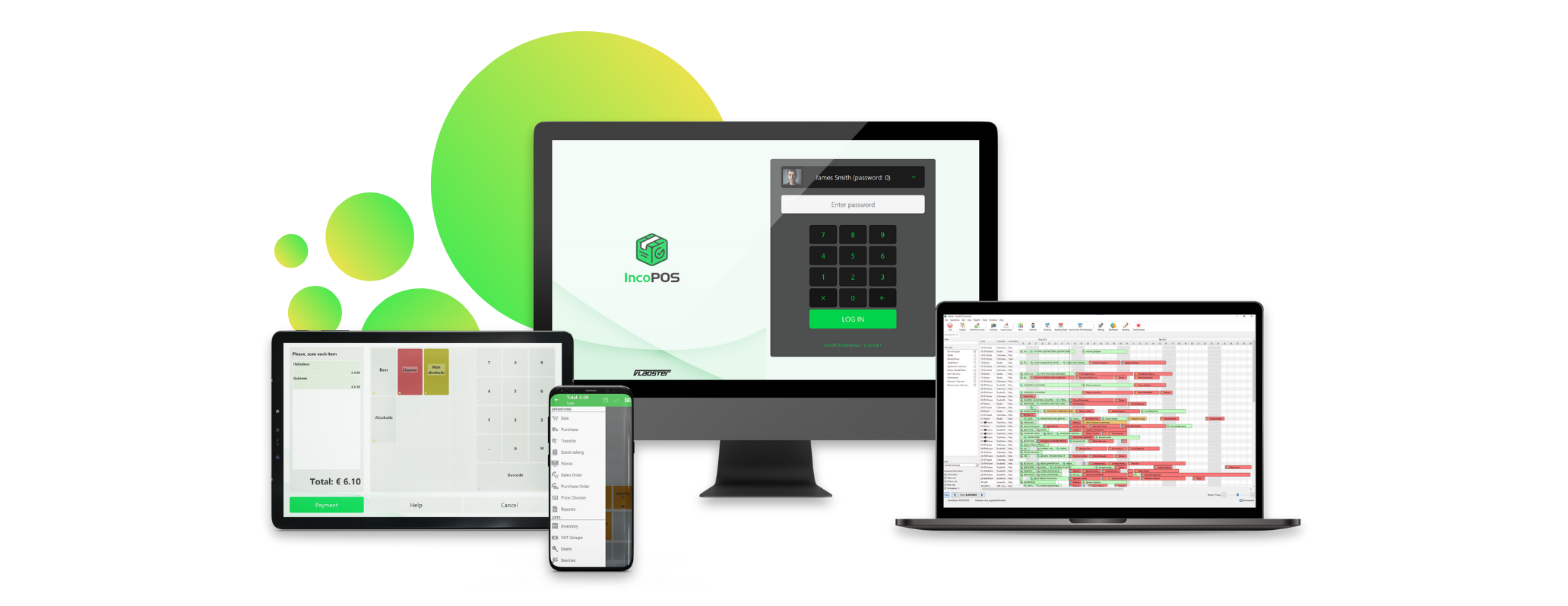 interface screens of IncoPOS showing different features of the software